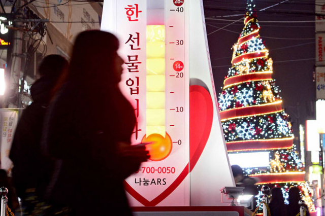23일 오후 대구 중앙파출소 앞에 세워진 사랑의 온도탑 눈금이 전국 평균에도 못 미치는 35도를 가리키고 있다. 대구사회복지공동모금회 관계자는 