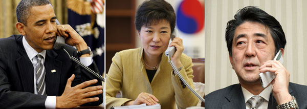 박근혜 대통령은 7일 오전과 오후에 걸쳐 버락 오바마 미국 대통령과 아베 신조(安倍晋三) 일본 총리와 연쇄적으로 전화통화를 갖고 북한 4차 핵실험과 관련해 국제적인 대응체제 구축을 논의했다. 지난 2013년 2월 북한의 3차 핵실험 당시 이명박 대통령은 오바마 대통령 및 아베 총리와 전화통화를 한 바 있다.