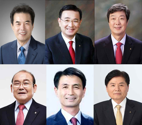 오는 12일 치러지는 제23대 농협중앙회장 선거를 앞두고 누가 앞으로 4년간 농협을 이끌지 관심이 쏠리고 있다. 왼쪽 상단부터 시계방향으로 이성희·최덕규·하규호·김병원·김순재·박준식 후보. < 중앙선거관리위원회 제공 