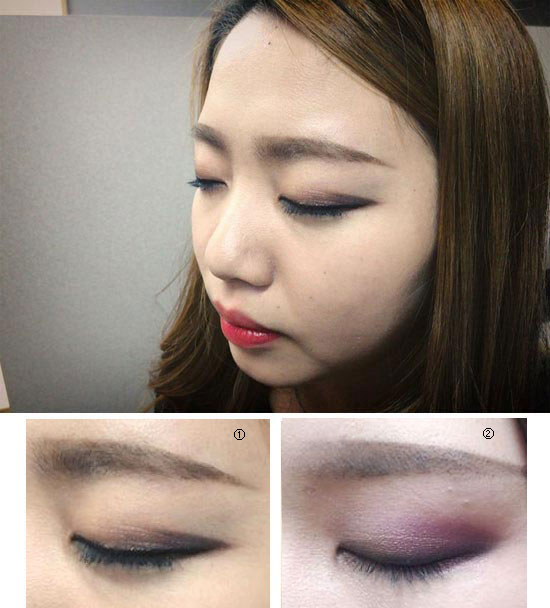 ① 눈두덩이 전체를 은은한 펄감이 있는 아이보리 계열 컬러를 이용해 밝으면서도 그윽한 분위기를 연출할 수 있다. ② 피부톤과 가장 유사한 색의 옅은 브라운 섀도를 이용한 메이크업.