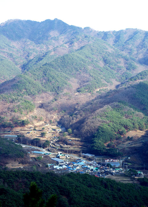 요령봉 근처에서 내려다본 매여동 쪽 마을 전경. 뒤쪽으로 보이는 산이 환성산-초례봉으로 이어지는 