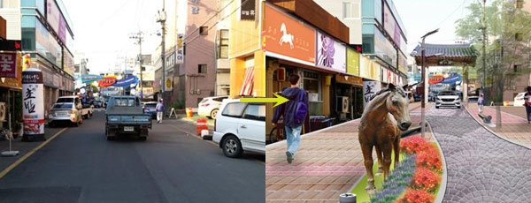 영천시가 완산동 말죽거리를 말 테마거리로 새롭게 단장한다. 현재 말죽거리와 말 테마거리 조성 계획도. 영천시 제공
