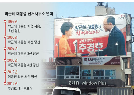 박근혜 대통령이 선거사무소로 사용한 대구 달성군 화원읍 A빌딩 5층의 선거 명당. 추경호 예비후보 제공