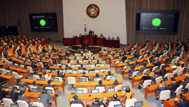 북한의 장거리미사일 발사와 관련, 10일 오후 국회에서 열린 340회 국회(임시회) 제1차 본회의에서 북한의 장거리 미사일 발사 규탄결의안이 재석의원 248명 가운데 찬성 241명, 반대 0명, 기권 7명으로 가결되고 있다. 연합뉴스