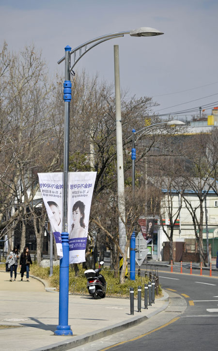 대구 수성못 동편에 설치된 가로등 모습. 수성구청은 기둥 색깔(청색)이 주변 환경과 어울리지 않는다는 점을 들어 시설관리공단에 교체를 요구하고 있다. 우태욱 기자 woo@msnet.co.kr