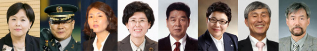 22일 발표한 새누리당 비례대표 주요 인사들. 왼쪽부터 송희경 전 KT 평창동계올림픽 지원사업단장, 이종명 전 육군대령, 전희경 전 자유경제원 사무총장, 최연혜 전 코레일 사장, 문진국 전국택시노동조합연맹 위원장, 임이자 한국노총 중앙여성위원회 위원장, 조훈현 프로 바둑기사, 유민봉 전 대통령비서실 국정기획 수석비서관.