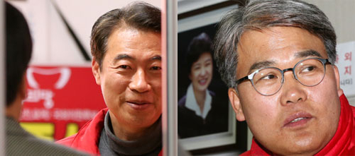 정종섭 전 행정자치부 장관이 24일 오후 대구시 동구 신암동 자신의 선거사무소에서 지지자들과 만나 이야기를 나누고 있다. (사진 왼쪽) ,이재만 전 대구 동구청장이 24일 오후 대구시 동구 방촌동 자신의 선거사무소에서 지지자들과 만나 향후 선거 일정에 대해 의논하고 있다. 연합뉴스