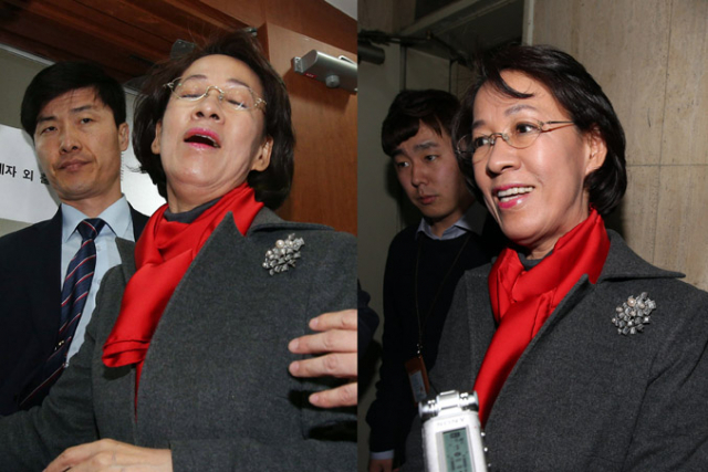 새누리당 공천갈등이 최고조에 달한 25일 오전 새누리당 여의도 당사에서 대구 수성을 이인선 후보가 당사에서 김무성 대표에게 공천확인도장을 요청하며 울먹이다(사진 왼쪽)가 오후에 최고위에서 이 후보에 대한 공천이 의결된 후 이 후보가 당사에서 밝게 웃고 있다(사진 오른쪽). 연합뉴스