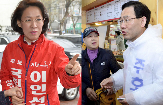 대구 수성을에 출마한 새누리당 이인선(왼쪽) 후보와 무소속 주호영 후보가 유권자들을 만나 지지를 호소하고 있다. 우태욱 기자 김영진 기자