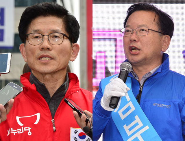 대구 수성갑에 출마한 새누리당 김문수 후보가 6일 대구 수성구 범어네거리에서 새누리당 공천 파동을 사죄하며 시민들에게 절을 100번 한 뒤 땀을 흘리며 인터뷰를 하고 있다.(왼쪽) 더불어민주당 김부겸 후보가 6일 수성구 만촌동에서 유세차량을 타고 지지를 호소하고 있다. 성일권 기자 sungig@msnet.co.kr