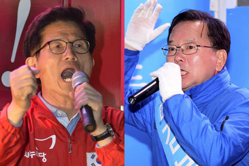 대구 수성갑에 출마한 새누리당 김문수 후보가 12일 오후 신매광장에서 막판 지지층 결집을 호소하고 있다.(왼쪽) 우태욱 기자 woo@msnet.co.kr 대구 수성갑에 출마한 더불어민주당 김부겸 후보가 12일 오후 범어네거리에서 유권자들에게 지지를 호소하고 있다. 김영진 기자 kyjmaeil@msnet.co.kr