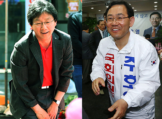 대구에서 금배지를 단 무소속 유승민(동구 을·왼쪽), 주호영(수성구 을·오른쪽) 당선인이 15일 오후 각각 자신의 지역구에서 시민들을 만나 인사하고 있다. 이들은 새누리당 복당을 준비하는 것으로 알려졌다. 연합뉴스