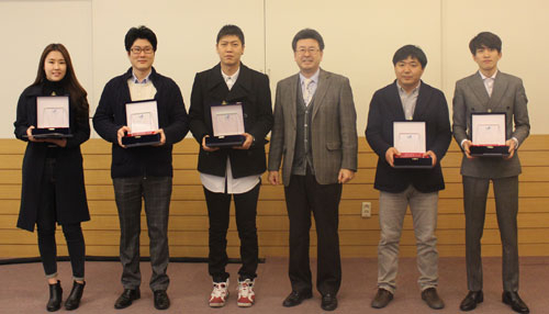 지난달 16일 있었던 대구경북 우수청년창업기업 시상식에 참석한 기업 대표들. 왼쪽부터 김의영 ㈜이스트컨트롤 대표, 유병훈 ㈜스마트브레인 대표, 배정현 ㈜세컨드라운드 대표, 김남준 위그로 대표, 심의영 ㈜제이샤 대표. 계명대 제공
