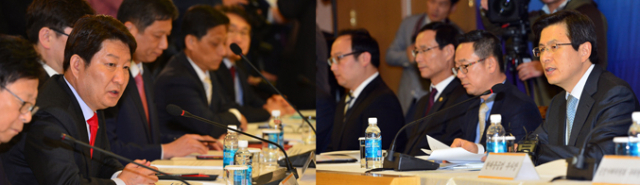 황교안(오른쪽) 국무총리와 권영진 대구시장이 27일 오후 대구상공회의소에서 열린 제5차 규제개혁 현장점검회의에서 모두발언을 하고 있다. 정운철 기자 woon@msnet.co.kr