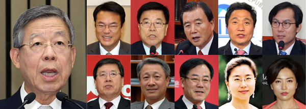 새누리당은 2일 국회 의원회관에서 열린 전국위원회에서 임시 지도부로 혁신비상대책위원회를 구성하며 김희옥(왼쪽) 위원장을 추인했다. 윗줄 왼쪽부터 당연직인 정진석 원내대표, 김광림 정책위의장, 홍문표 사무총장 대행, 내부 위원인 이학재