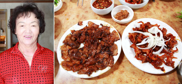 김홍영 사장(왼쪽), 석쇠불고기와 닭발구이.