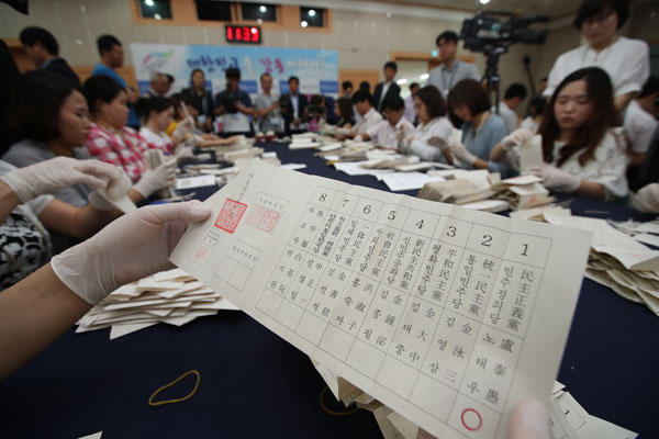 21일 오전 1987년 제13대 대통령선거 구로구을 우편투표함 진위검증 개함 및 계표가 진행된 서울 종로구 선거연수원 대강당에서 계표사무원들이 투표용지를 확인 및 정리하고 있다. 1987년 대통령 선거 당시 구로구청 농성사건의 발단이 됐던 투표함으로 한국정치학회의 연구용역 요청에 따라 개봉됐다. 당시 개표결과 당선후보(노태우)와 차점후보(김영삼)간 194만여 표의 차이가 있어 구로을 부재자 투표함에 든 4천325표(선관위 추정)가 당락에 영향을 미칠 수 없다고 보고 개봉하지 않았다. 연합뉴스