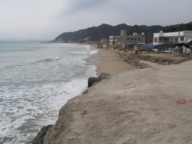 과거 너른 백사장을 자랑했던 울진군 후포면 금음해변은 최근 해안 침식이 심각해지면서 도로 바로 앞까지 바닷물이 들어오고 있다. 신동우 기자