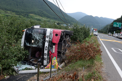 1일 영천 화북면 상송리 상송삼거리 인근에서 시외버스가 전신주를 들이받고 사과밭에 넘어져 있다. 민병곤 기자