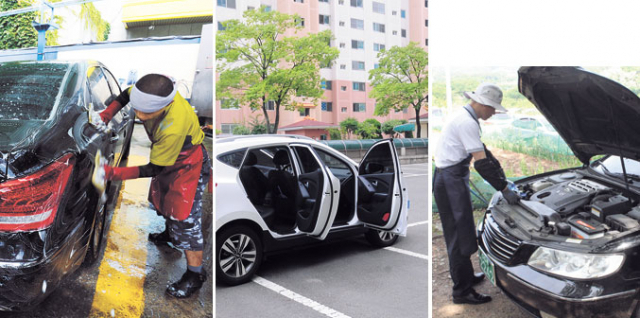 휴가 중 바닷가를 갔다 온 후에는 반드시 소금기를 닦아내도록 한다. 차량 내부 건조(가운데)나 엔진오일도 꼭 체크하도록 한다. 매일신문 DB
