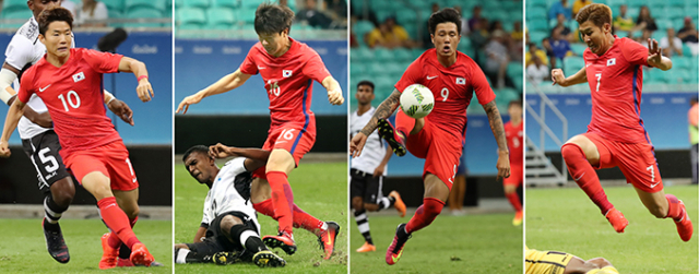 한국 올림픽 축구대표팀이 5일(한국시간) 피지와 벌인 2016 리우데자네이루 남자축구 조별리그 C조 1차전에서 후반에만 7골을 쏟아내는 골 폭풍을 일으키며 8-0으로 대승했다. 사진 왼쪽부터 드리블하는 류승우-권창훈-석현준-손흥민. 연합뉴스