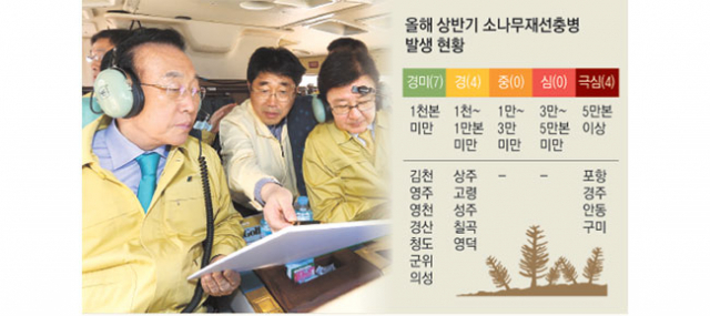 김관용(왼쪽) 도지사는 지난 3월 21일 권영세(오른쪽) 안동시장과 김현수 남부지방산림청장 등과 함께 재선충 피해가 극심한 안동과 영주