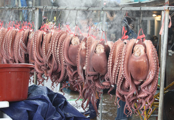 추석을 앞두고 죽도시장 문어 판매점에 맛있게 삶긴 문어가 차례상에 오르기를 기다리고 있다. 포항시 제공