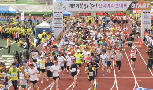 지난해 봉화송이전국마라톤대회에 참가한 달리미들이 출발 신호에 맞춰 힘차게 달려 나가고 있다. 마경대 기자
