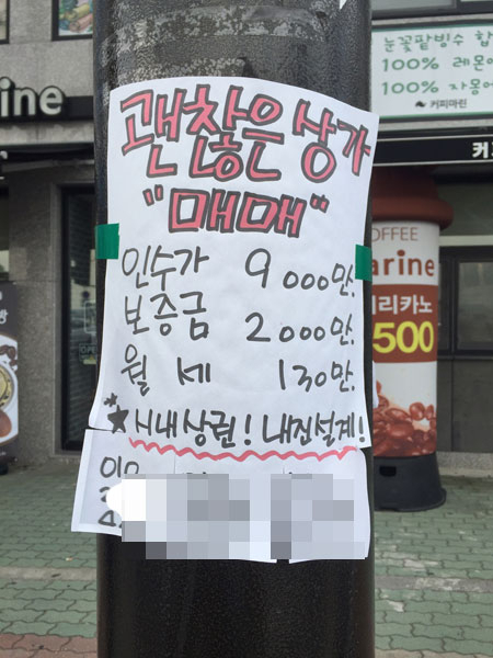 얼마 전 경주를 강타한 강진 여파로 대구 부동산 시장에도 지진 마케팅이 화두로 떠오르고 있다. 상가 매매 전단에 내진설계라는 문구가 선명하게 적혀 있다.