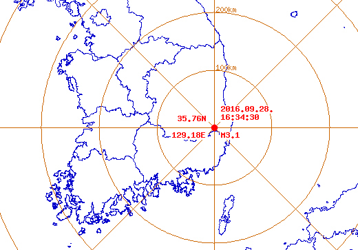 28일 오후 4시 34분 30초 경북 경주시 남남서쪽 9km 지역에서 규모 3.1의 지진이 발생했다.