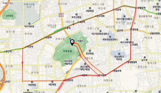 2016 달구벌 자전거 대행진 코스 약도. 두류운동장- 안지랑네거리- 성당네거리- 죽전네거리-두류네거리-반월당네거리- 영대병원네거리- 안지랑네거리-두류운동장으로 돌아오는 약 19Km 코스다. 시간은 1시간 30분 정도가 소요된다.