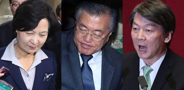 박근혜 대통령의 일방통행식 개각 단행에 야권 지도부도 하야와 탄핵을 주장하는 발언의 수위를 높여가고 있다. 왼쪽부터 3일 오전 국회에서 열린 긴급 의원총회에 참석한 민주당 추미애 대표, 차량에 오르고 있는 문재인 전 대표, 안철수 국민의당 전 상임대표.