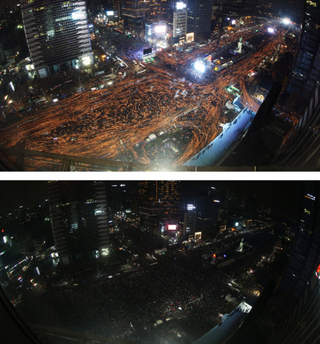 제5차 민중총궐기대회가 열린 26일 오후 서울 광화문광장에서 시민들이 촛불을 들어보이고 있다(위). 저녁 8시를 기해 집회 취지에 동참하는 의미로 1분간 소등하고 있다.(아래)연합뉴스