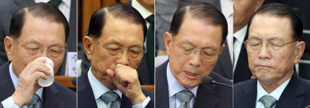 김기춘 전 대통령 비서실장이 7일 오후 국회에서 열린 최순실 국정농단 의혹 진상규명을 위한 국정조사 특위 2차 청문회에서 물을 마시고 눈을 감는 등 다양한 표정을 짓고 있다. 연합뉴스