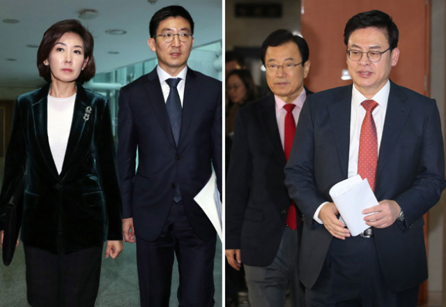 새누리당 비주류 모임이 새 원내대표, 정책위의장 후보로 추천한 나경원(왼쪽)의원과 김세연 의원이 14일 오후 서울 여의도 국회에서 열린 비상시국회의를 마치고 함께 걸어가고 있다(왼쪽 사진). 오른쪽은 새누리당 