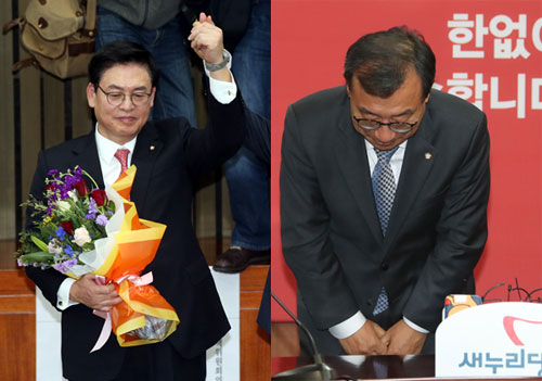 새누리당 원내대표로 당선된 정우택 의원이 16일 오전 국회에서 열린 의원총회에서 손을 들고 인사하고 있다.(사진 왼쪽). 새누리당 이정현 대표가 16일 오후 서울 여의도 새누리당사에서 사퇴 기자회견을 마친 뒤 고개 숙여 인사하고 있다. 연합뉴스