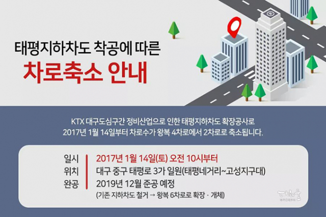 태평지하차도(북구 침산로)가 확장 공사로 왕복 4차로에서 2차로로 축소 운영된다. 대구시청 제공