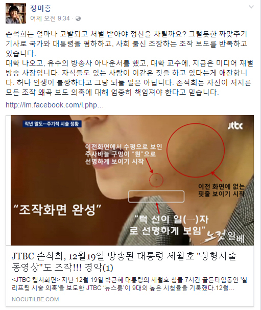 정미홍 전 아나운서 페이스북 페이지 캡처.
