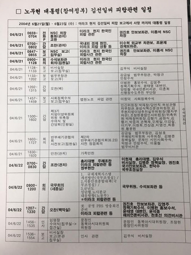 이해찬 의원실이 공개한 김선일 피랍당시 노무현 전 대통령의 사흘간 일정표.
