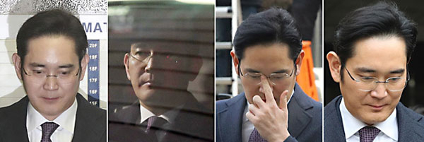 430억원대 뇌물공여와 횡령·위증 등 혐의로 구속영장이 청구된 이재용 삼성전자 부회장이 18일 서울중앙지법에서 구속 전 피의자심문(영장실질심사)을 받았다. 사진은 대치동 특검사무실 출두 모습(왼쪽부터)과 특검사무실을 나서는 모습, 영장실질심사를 위해 법원 들어서는 모습, 실질심사를 마친 뒤 서울구치소로 향하는 모습. 연합뉴스