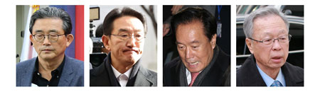 새누리당이 18일 오전 열린 윤리위원회 전체회의 결과 발표를 통해 이한구 전 공천관리위원장, 현기환 전 청와대 정무수석, 이병석 전 국회부의장, 박희태 전 국회의장(왼쪽부터)을 제명한다고 밝혔다. 연합뉴스
