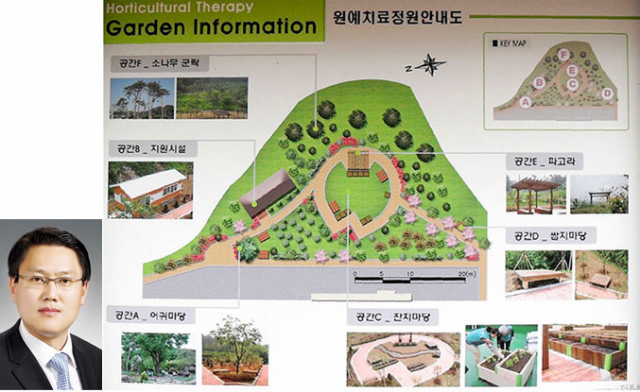 정시몬 이사장(왼쪽). 칠곡군립노인요양병원은 같은 의료재단 내 병원과의 협진을 바탕으로 한 양질의 의료진, 좋은 음식과 환경을 통한 욕창 없는 병원과 어르신들의 편안한 노년을 위해 정성을 다하고 있다. 오른쪽 사진은 칠곡군립노인요양병원이 자랑하는 원예치료정원 안내도. 이영욱 기자