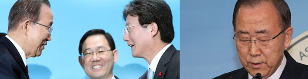 반기문 전 유엔 사무총장이 1일 오전 서울 여의도 바른정당 당사를 방문, 유승민 의원과 인사하고 있다. (왼쪽) 이날 오후 서울 여의도 국회 정론관에서 대선 불출마 기자회견을 하고 있다. 연합뉴스