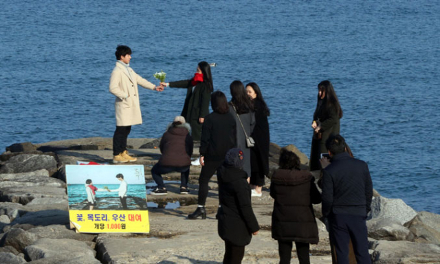 지은탁(김고은)과 도깨비 김신(공유)이 처음 만난 강릉시 주문진 바닷가 방사제에서 관광객들이 드라마 속 주인공을 따라 하고 있다. 이곳은 김신이 지은탁에게 우산을 씌워주고 메밀꽃을 내미는 등 애잔하고 로맨틱한 명장면을 연출한 곳으로 최근 새로운 관광명소로 부상하고 있으며 메밀꽃과 목도리, 우산을 대여해주고 있다. 강원일보 권태명 기자
