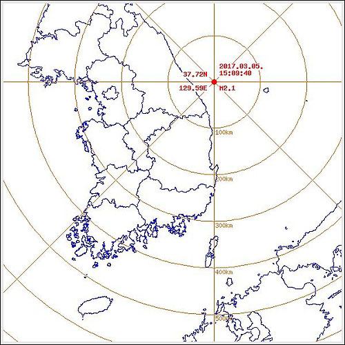 5일 오후 동해시 동북동쪽 47km 해역서 지진[기상청]