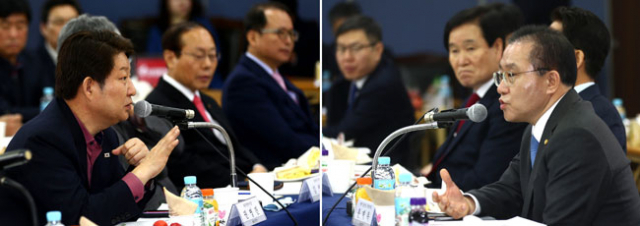 자유한국당 대구시당과 대구시 간의 정책간담회가 4일 오전 자유한국당 대구시당 강당에서 열렸다. 자유한국당 소속 국회의원과 원외당협위원장, 시장, 구청장, 군수 등이 참석해 대구공항 통합 이전 추진 사업 성공을 위해 역량을 모으기로 했다. 우태욱 기자 woo@msnet.co.kr