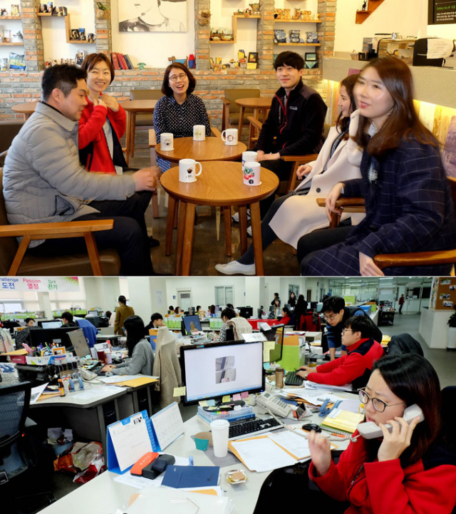CMA글로벌 직원 휴게실은 세련된 카페같이 꾸며져 있다.(위) 사무실은 칸막이 없이 수평적인 공간으로 설계됐다. 박노익 대기자
