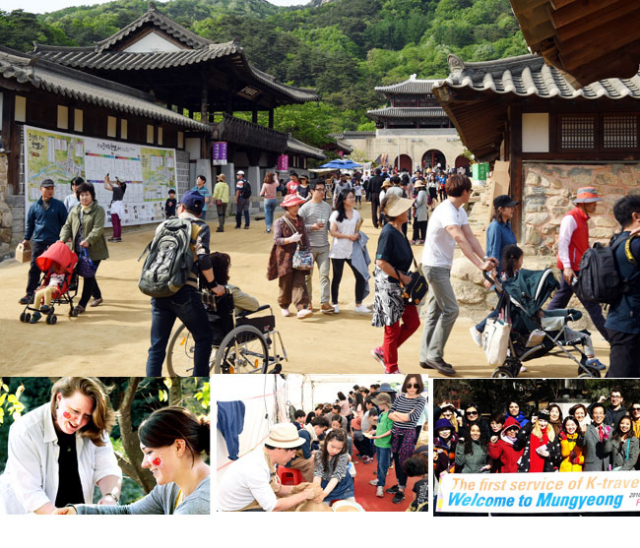 연일 관광객들로 붐비는 문경새재와 문경드라마오픈세트장의 풍경.(상단 큰 사진) 문경시 제공 문경새재를 찾은 외국인들이 소원을 담은 소원지를 줄에 매달고 있다. (하단 좌측) 문경시 제공 문경을 찾은 외국인 관광객들이 고윤환 문경시장과 기념촬영을 하고 있다. (아래 오른쪽 사진) 문경시 제공 문경에서만 체험할수 있는 전통도자기체험프로그램은 가족단위 관광객은 물론 외국인까지 예약할 정도로 인기몰이를 하고 있다. (아래 중간 사진) 문경시 제공