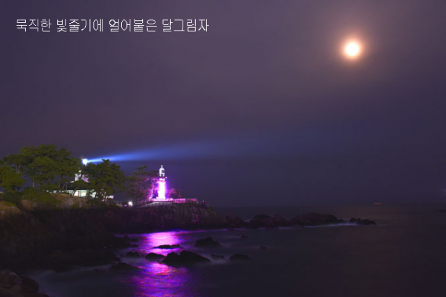 경주 감포항을 지키는 송대말등대. 새 등대가 밤바다를 향해 빛을 쏘고 옛 등대가 경관조명으로 빛나는 풍경이 아름답다.
