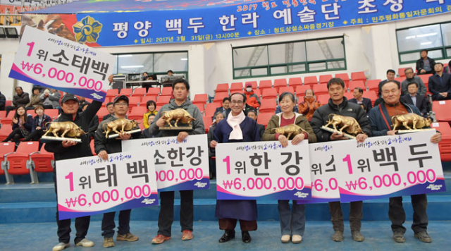 청도 전통민속소싸움대회에서 체급별 우승 소의 주인들이 우승 트로피와 상금을 받고 있다. 청도군 제공